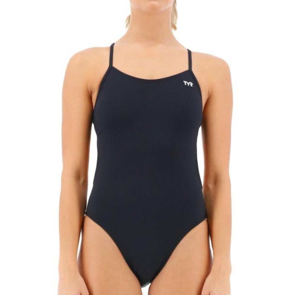 NWT TYR Thin Strap Durafast One Piece Solid Cutoutfit Swimsuit Black - Size 34